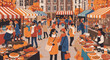 © Budiana - Vibrant outdoor market scene with people shopping and socializing among food stalls and colorful awnings in a lively urban setting with warm tones.