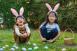 © geargodz - two happy child girl wearing bunny ears playing together and hunting for Easter eggs into basket on green grass in garden