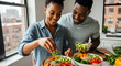 © Aura - Man and woman enjoying time together while adding fresh herbs and vegetables to nutritious grain bowls in a modern apartment