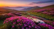 © Von - The image captures a breathtaking panoramic view of a vibrant mountain landscape at sunrise. A winding stream meanders through a lush meadow blanketed with a sea of pink rhododendrons.