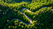 © Gexz - Aerial drone view of a winding mountain road in a lush green forest with sharp turns and vibrant trees