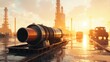 © Hassan - Large industrial pipe component sits on wet ground at a refinery during golden hour sunset