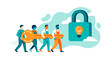 © ALI - A team of four workers carry a big key to open the lock for a new idea