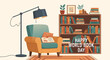 © Fatma - Cozy reading nook with chair floor lamp bookshelf and happy world book day sign celebrating literature and learning in a warm inviting home environment