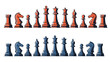 © Najmull - Two complete rows of red and blue chess pieces arranged as a full set from king to pawn for game strategy concepts on white background.