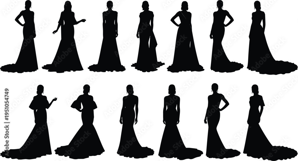Set of elegant woman silhouettes wearing long evening gowns and wedding ...