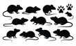 © Ratna - A detailed collection of rat and mouse silhouettes in various poses including paw prints on white
