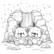 © Muhammad - Two smiling cartoon bears sitting together in snowy landscape with rocks and snowflakes black and white illustration winter scene friendship theme cute animals