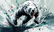 © Chici - Ilustração artística de um urso polar agressivo saltando através do gelo com respingos de tinta colorida e pinceladas dinâmicas e expressivas.