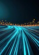 © NayaiP - Flux de données à grande vitesse sur une autoroute technologique avec des lignes lumineuses cyan et des lumières urbaines dorées en arrière-plan.
