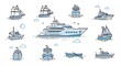 © Alpin - Collection of various watercraft icons with nautical themes. Featuring sailboats, motorboats, yachts, and rowboats in a minimalist style