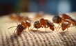 © Chici - Macro fotografia detalhada de um grupo de formigas vermelhas caminhando sobre uma superfície de tecido texturizado com foco seletivo no primeiro plano.