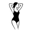 © teracreonte - Logotipo con dibujo con líneas de una mujer con bikini de estilo retro, posando de pie con los brazos en la cabeza