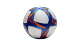 Isolated modern soccer ball with vibrant blue and orange panels, professional sports equipment