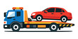 © VectorUP - Tow truck hauling a red sedan on its flatbed, representing breakdown recovery, emergency transport, and roadside assistance