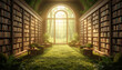 © Jim - Cozy library with full bookshelves and lush green plants growing indoors. Large windows provide natural sunlight illuminating the peaceful reading space. Biophilic Study & Relaxation Space