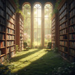 © Jim - Cozy library with full bookshelves and lush green plants growing indoors. Large windows provide natural sunlight illuminating the peaceful reading space. Biophilic Study & Relaxation Space