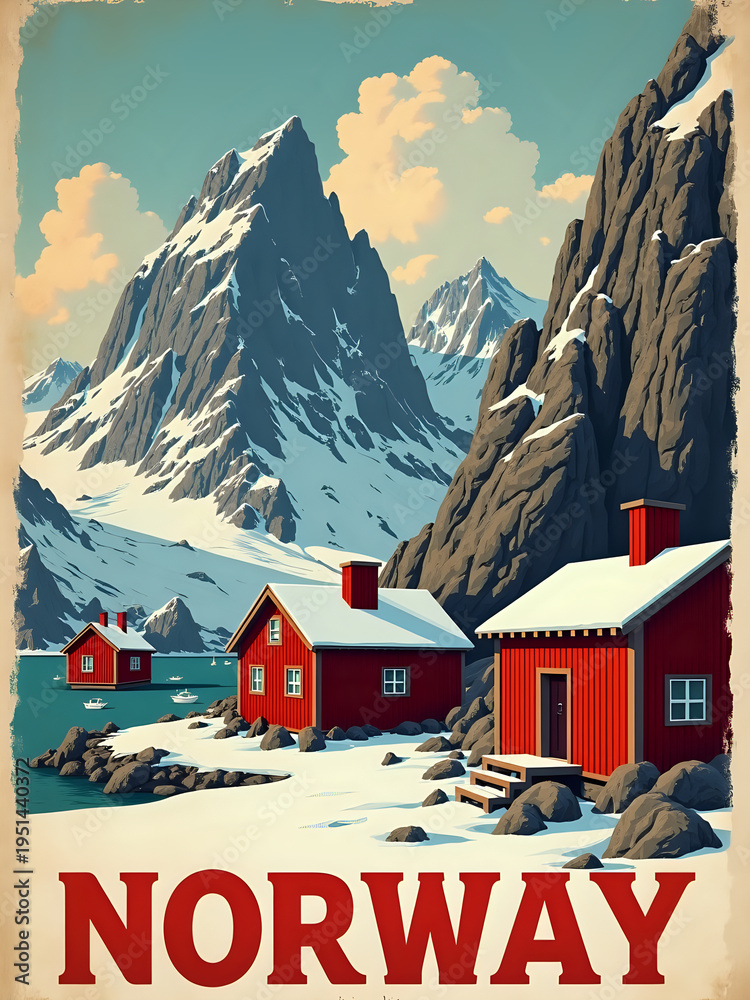 Three red houses located along a rocky shoreline. The water is calm, and mountains surround the area. Snow covers the mountain tops, and clouds fill the sky.