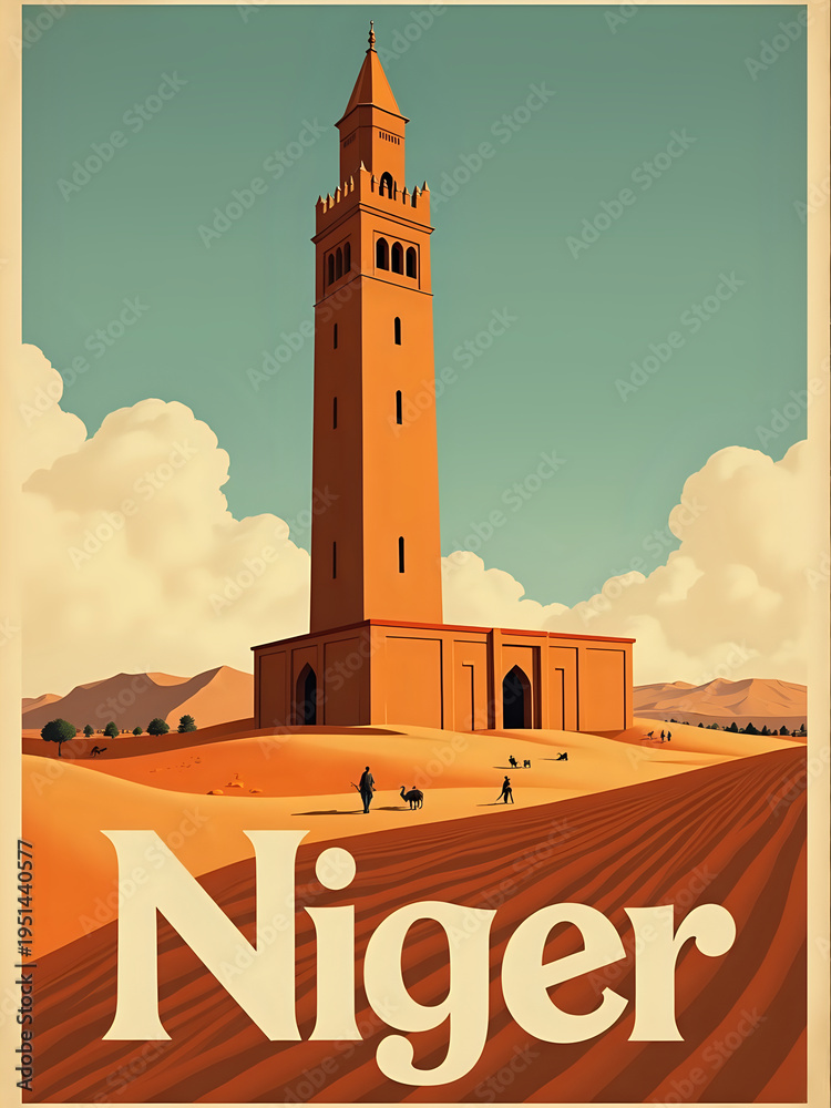 A tall tower rises in the desert landscape of Niger. People walk nearby while mountains are visible in the background under a clear sky. The sun casts shadows on the ground.