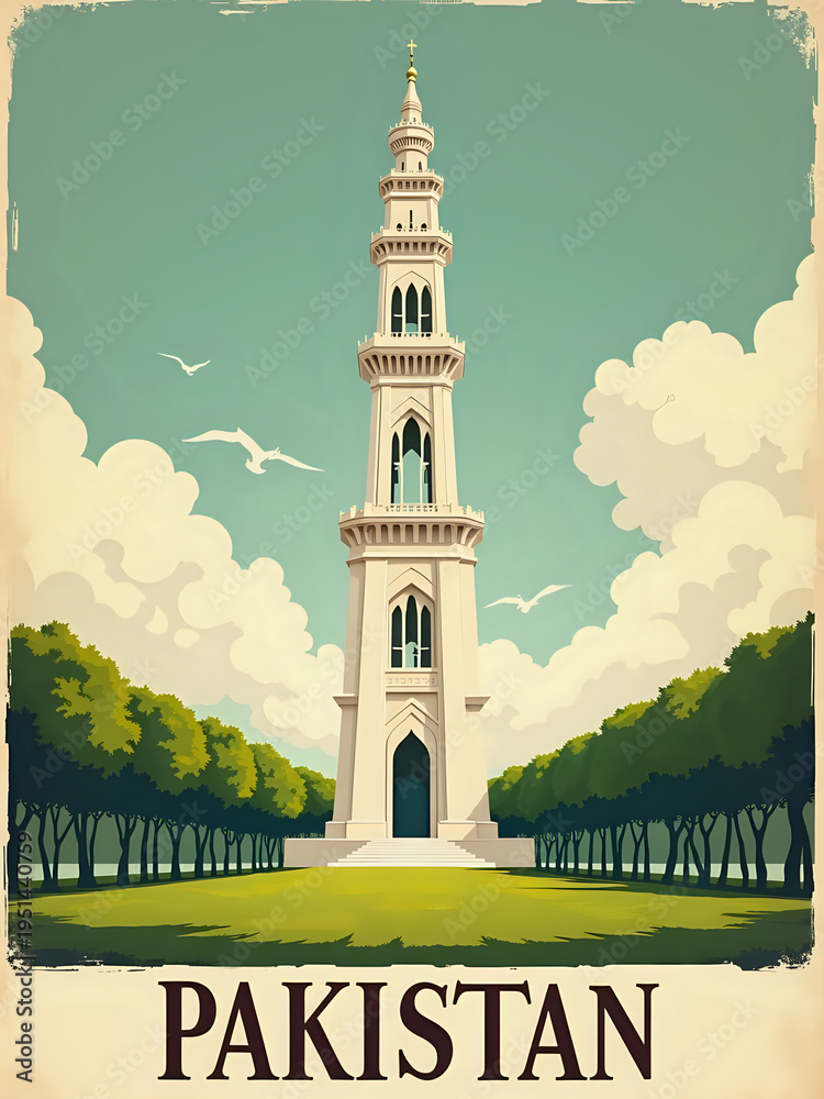 A tall structure stands in a green area with trees and blue sky. White clouds float above. This landmark is a symbol of Pakistan and attracts visitors.
