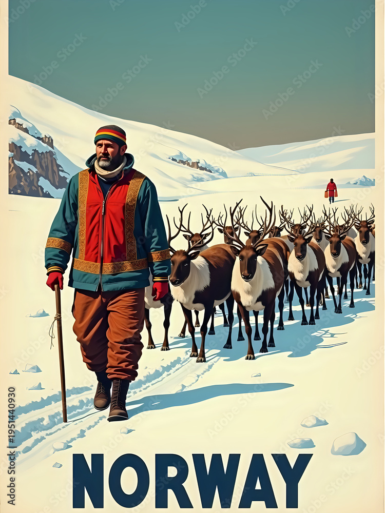 A man walks with a group of reindeer in a snowy area of Norway. The scene shows mountains in the background. The man is dressed in warm clothing and carries a walking stick.