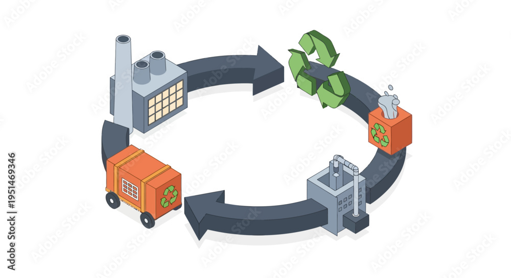 Circular economy diagram showing factory, recycling symbol, and waste ...