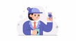 © Posan - Cartoon person in suit and cap holding phone and camera