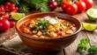 © guritno - Hearty soup in a bowl, garnished with fresh herbs and vegetables