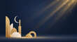 © Sachaayca - Golden Islamic architectural elements including a crescent moon and mosque dome illuminated by soft golden light against a dark blue backdrop