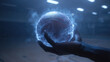 © SCHRÖDER - Hand holding glowing basketball surrounded by blue energy aura and smoke in dark dramatic arena setting