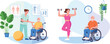 © Sree - elderly rehabilitation therapy illustration, physiotherapy session, nurse assisting senior patient, wheelchair care, fitness exercise concept, healthcare support, recovery treatment, active lifestyle
