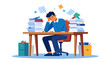 © Mst - Stressed businessman sitting at desk with high stacks of documents and books feeling overwhelmed by workload and deadline vector illustration.