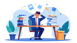 © Mst - Stressed businessman sitting at desk with high stacks of documents and books feeling overwhelmed by workload and deadline vector illustration.