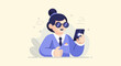 © kodir - Cheerful person in blue suit with glasses using a smartphone