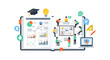 © Hora - Digital Education and E-learning Concept. Team collaboration, knowledge sharing, and data analysis visualized on an open book platform.
