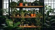 © MopoWe - Indoor houseplant collection on wooden shelves inside a sunlit greenhouse with industrial windows for urban jungle home decor and botanical hobby