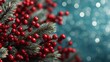 © MKS - A close-up of a Christmas tree branch decorated with twinkling lights and red berries, evoking a festive mood