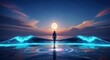 © rika - Woman standing on water with glowing waves and full moon.