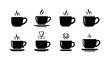 © Md Masud - Set of eight steaming coffee cups vector icons. various shapes of hot drink mugs on saucers. black silhouettes on white background