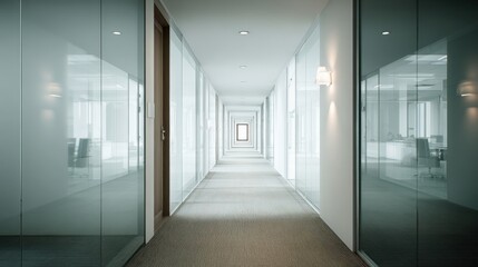  Modern Office Building Interior with Long Hallway, Glass Walls, and Bright White Lighting