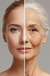 © Lady O - A split photo of a woman with perfect skin on the left side and an old, wrinkly lady's face on the right.