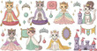 © Sumon Creative - Cute princess cats wearing royal crowns and dresses fairy tale characters with castle magical cartoon vector illustration set