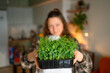 © wifesun - Woman holding a tray of vibrant green pea shoots and microgreens, showcasing her passion for healthy eating and sustainable home agriculture in a kitchen setting