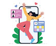 © Shekhar.b2d - Woman jumping with joy in front of a smartphone screen happy excited, social media design.