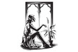 © Ayesha - Vintage woodcut illustration of melancholic woman sitting by gothic arched window next to potted plant in contemplation