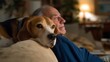© forenna - Elderly widower video calls distant family while aging beagle rests head on knee in dimly lit living room, perfect for digital connection, remote communication keywords, and contemporary technology