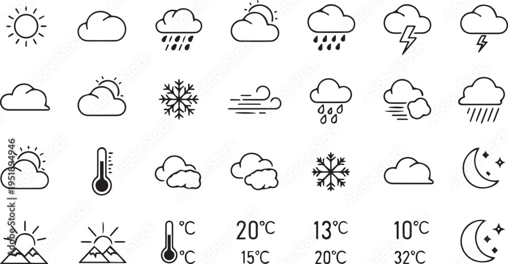 Detailed Weather Icon Set Featuring Sun Clouds Rain Snow Thunderstorms ...