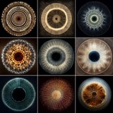 Nine abstract, circular, detailed eye-like structures against dark backgrounds