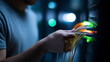 © photo for everything - IT technician hand fix patch panel network cables in data center. Man work with internet server, computer technology, data connect concept
