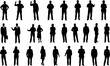 © Mst - People silhouette vector illustration with diverse poses, casual and business attire, standing gestures, human posture artwork, lifestyle design inspiration